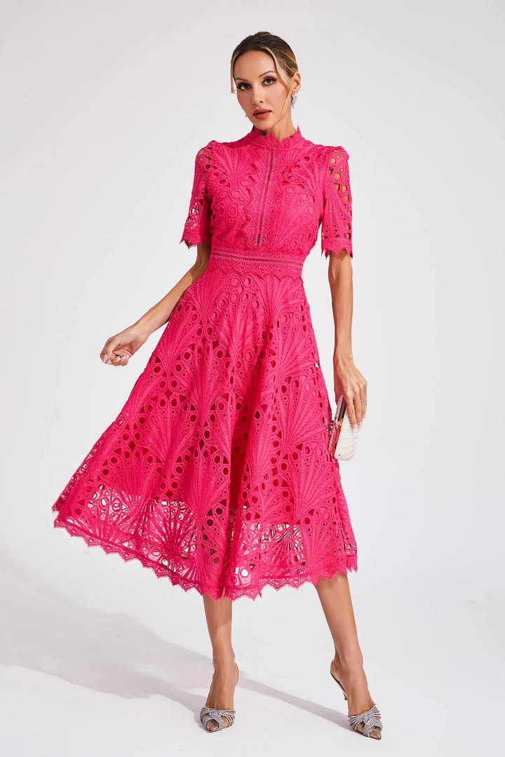 Sophisticated women's party & cocktail midi dress with intricate lace & a fit & flare design.