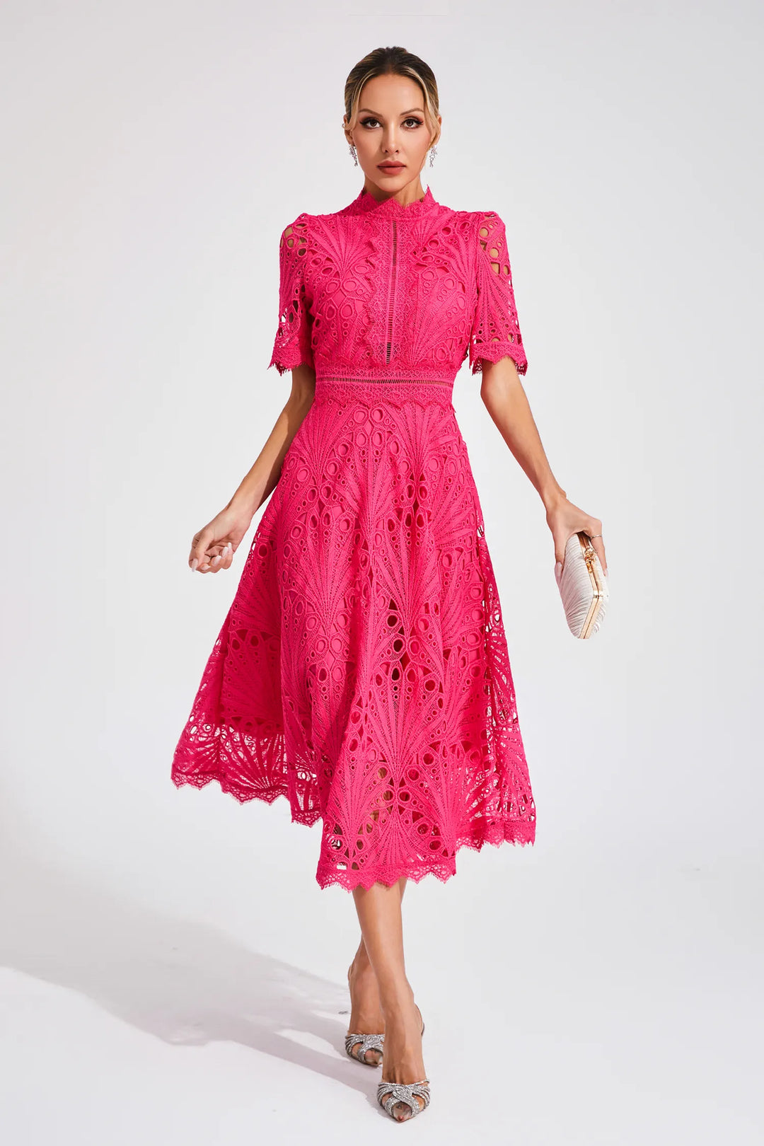 Back view of women's elegant lace midi dress, A-line fit & flare, ideal for parties.