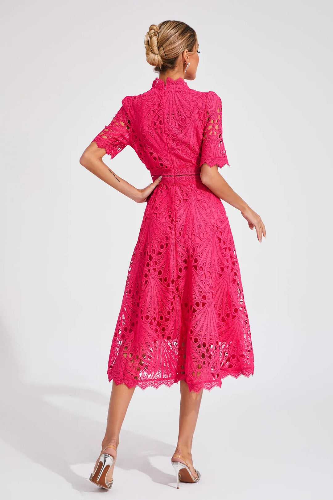 Stylish mock neck & short sleeve on a women's elegant A-line lace midi dress, fit & flare style.
