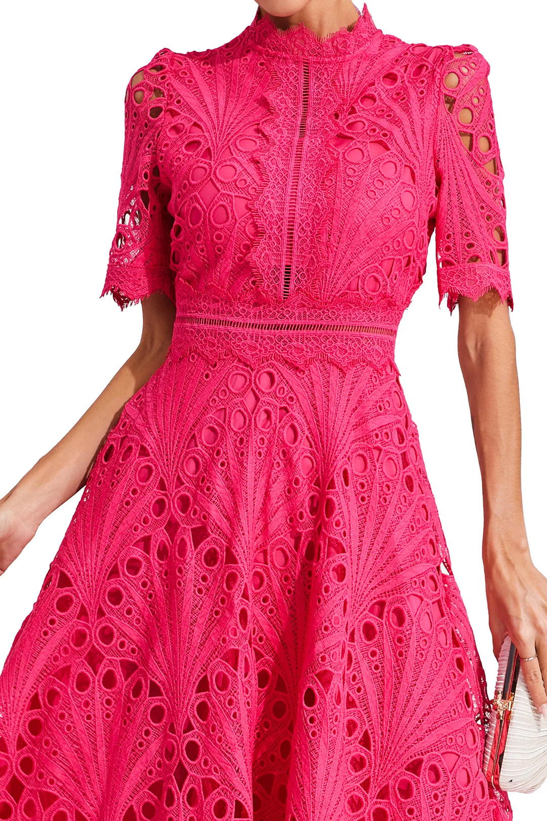 Beautiful women's elegant lace midi dress, A-line fit & flare, with a chic mock neck & short sleeves.