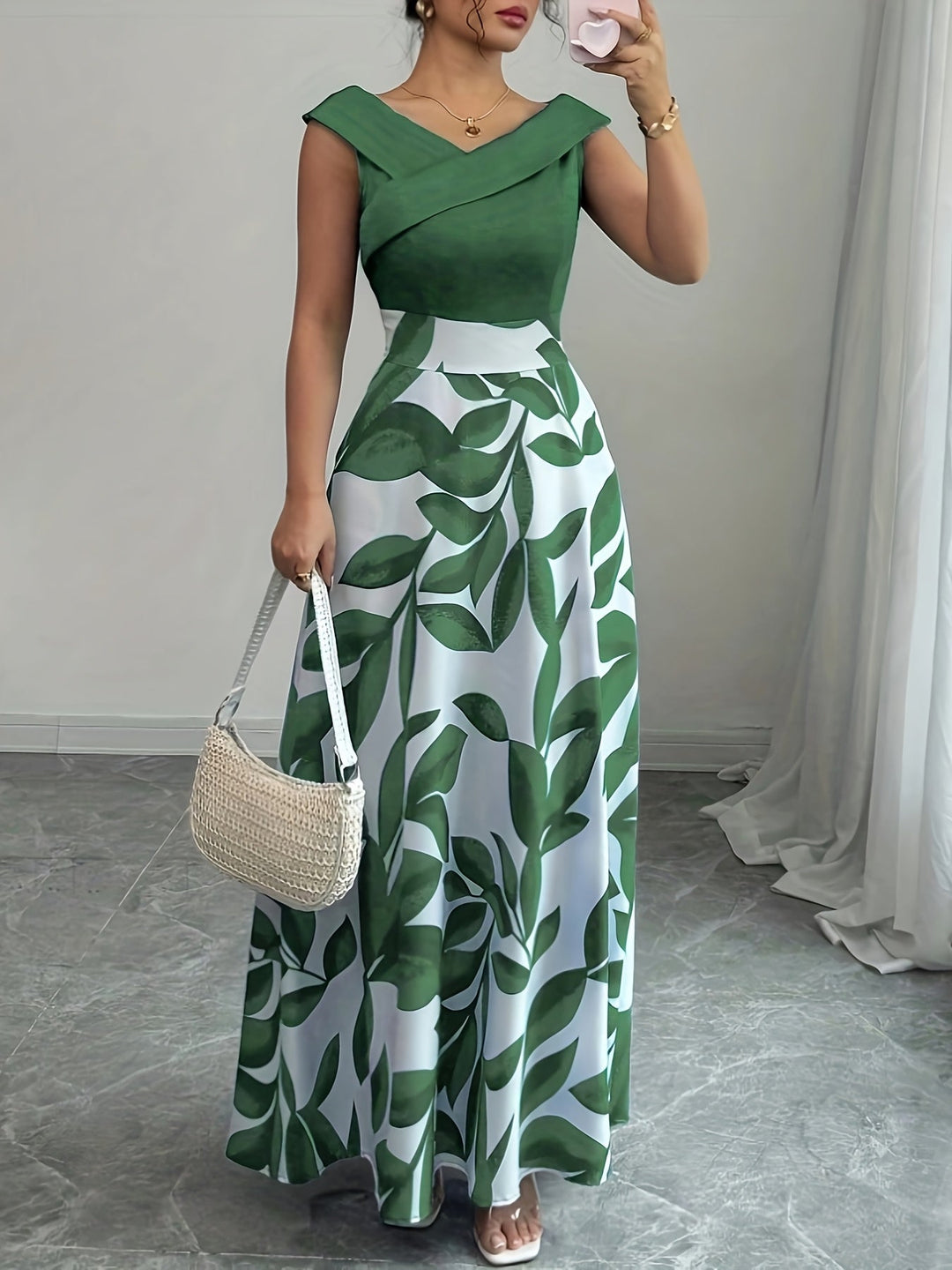 Elegant women's A-line maxi dress, perfect for wedding guests. Flowing fabric, sophisticated design for special occasions.
