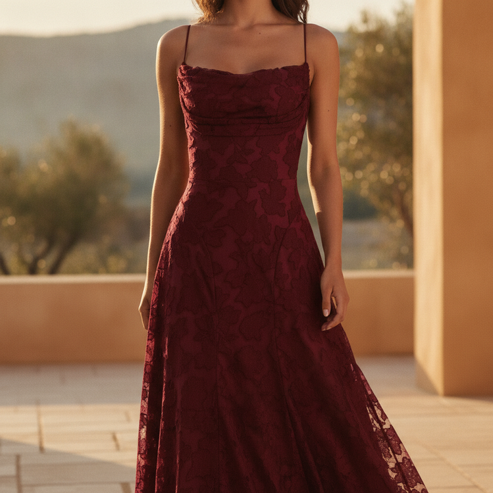 Elegant women's A-line maxi dress with ruched bodice, spaghetti straps. Perfect for summer events.