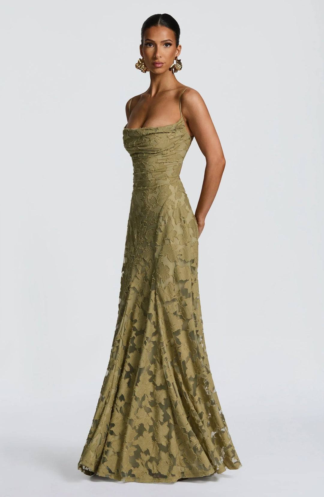 Flattering A-line maxi dress for women, featuring a ruched bodice and delicate spaghetti straps.