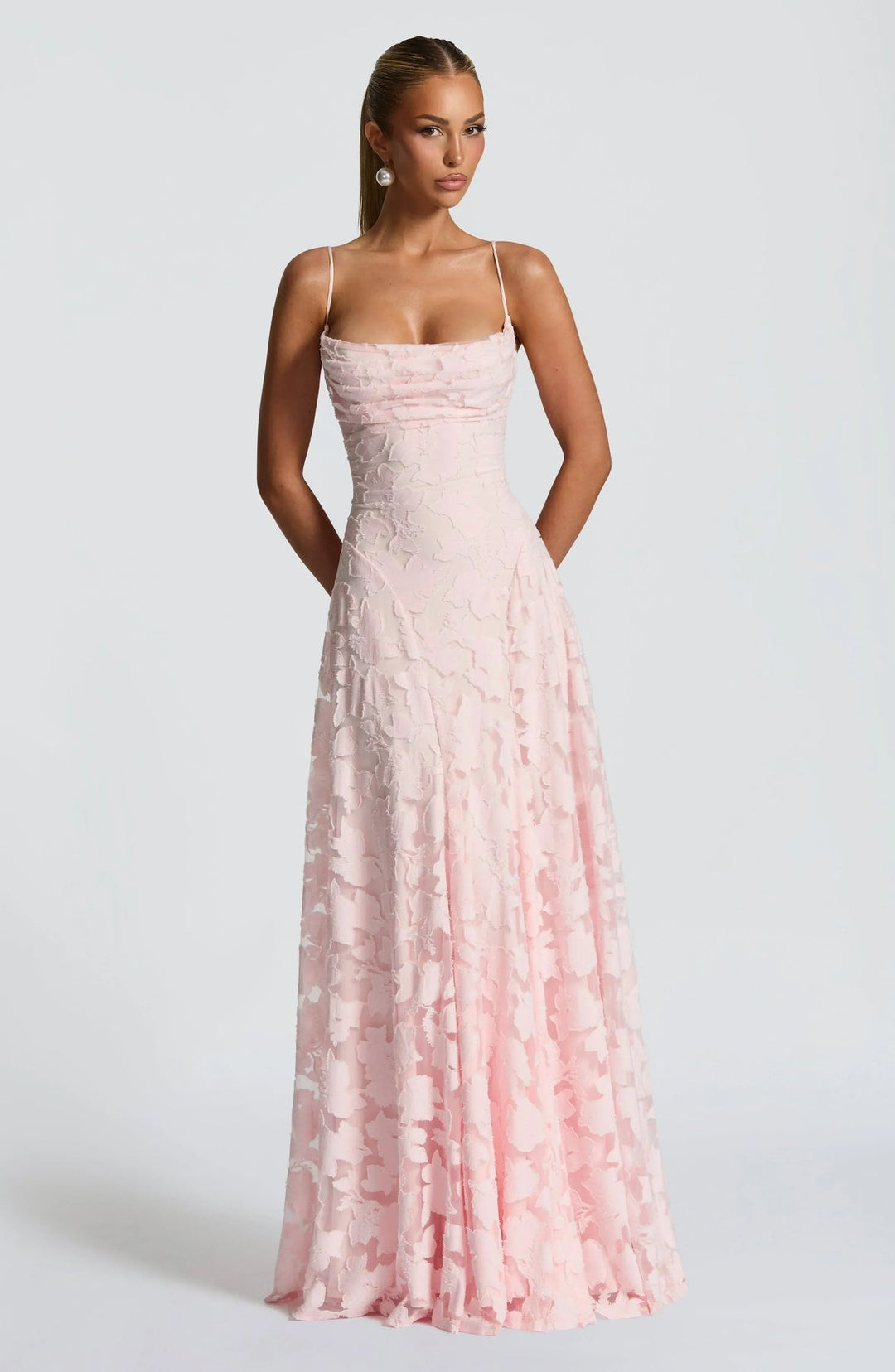 Elegant women's ruched A-line maxi dress. Spaghetti straps & flowing silhouette for evening/summer wear.