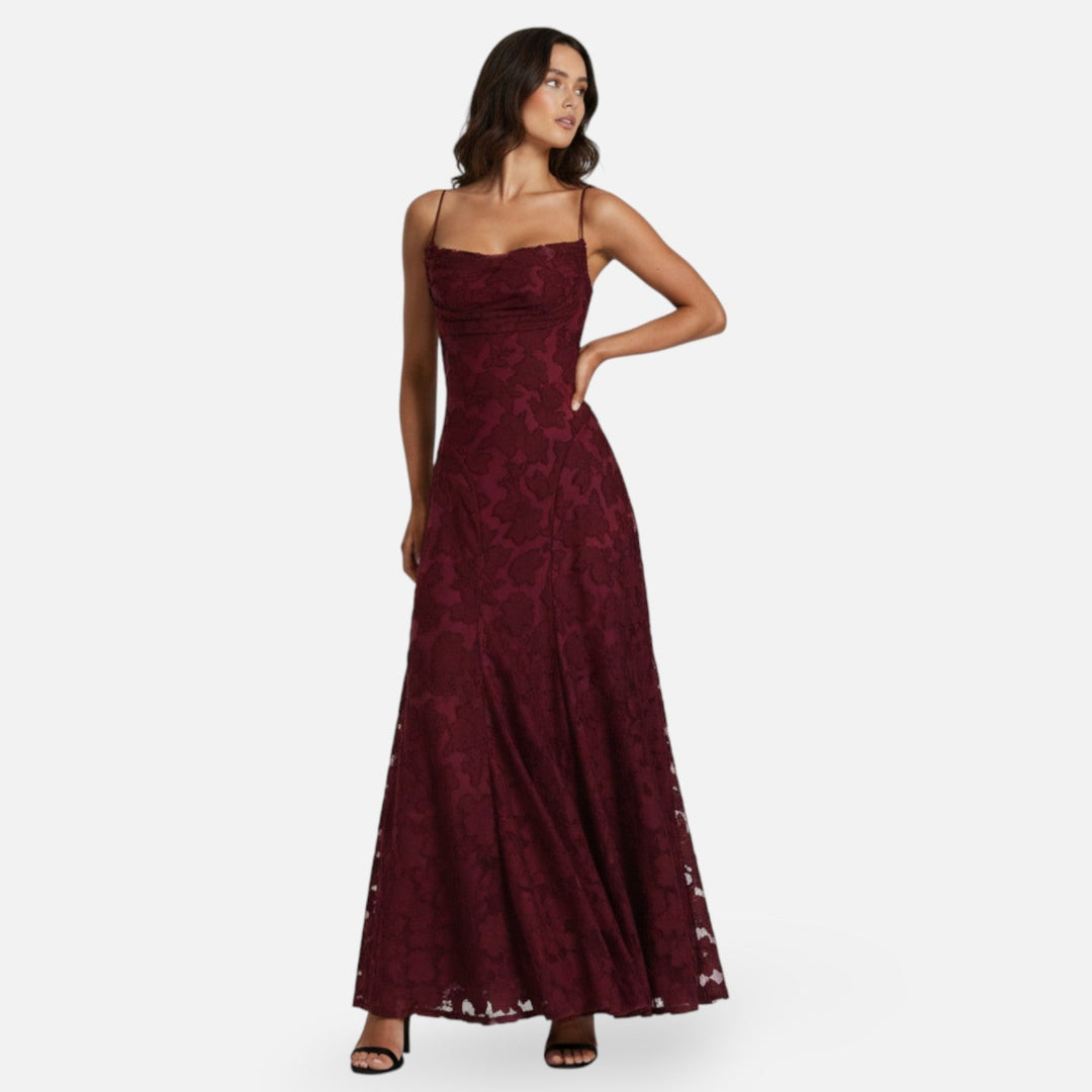 Ruched spaghetti strap A-line maxi dress for women, ideal for elegant evening wear or special occasions.