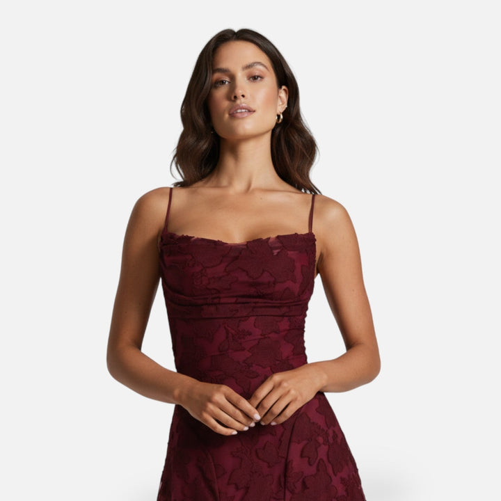 Chic women's ruched A-line maxi dress, spaghetti straps. Stunning for a wedding guest or formal event.