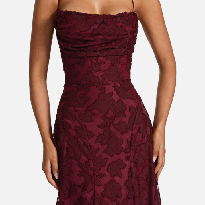 Soft, elegant women's ruched spaghetti strap A-line maxi dress. Comfortable for evening or occasion wear.