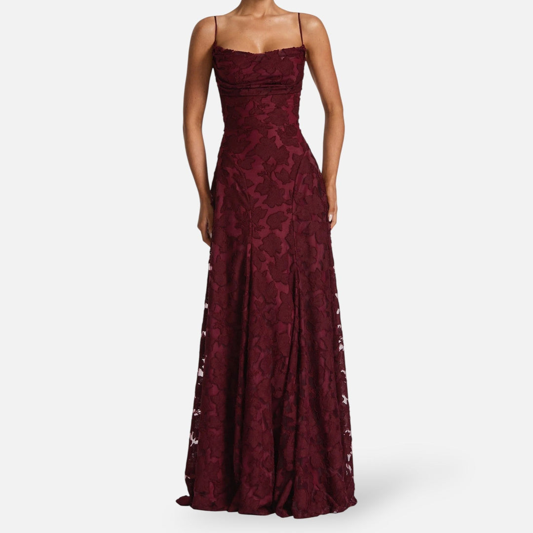 Vibrant women's ruched A-line maxi dress with spaghetti straps. A colorful and stylish summer occasion dress.