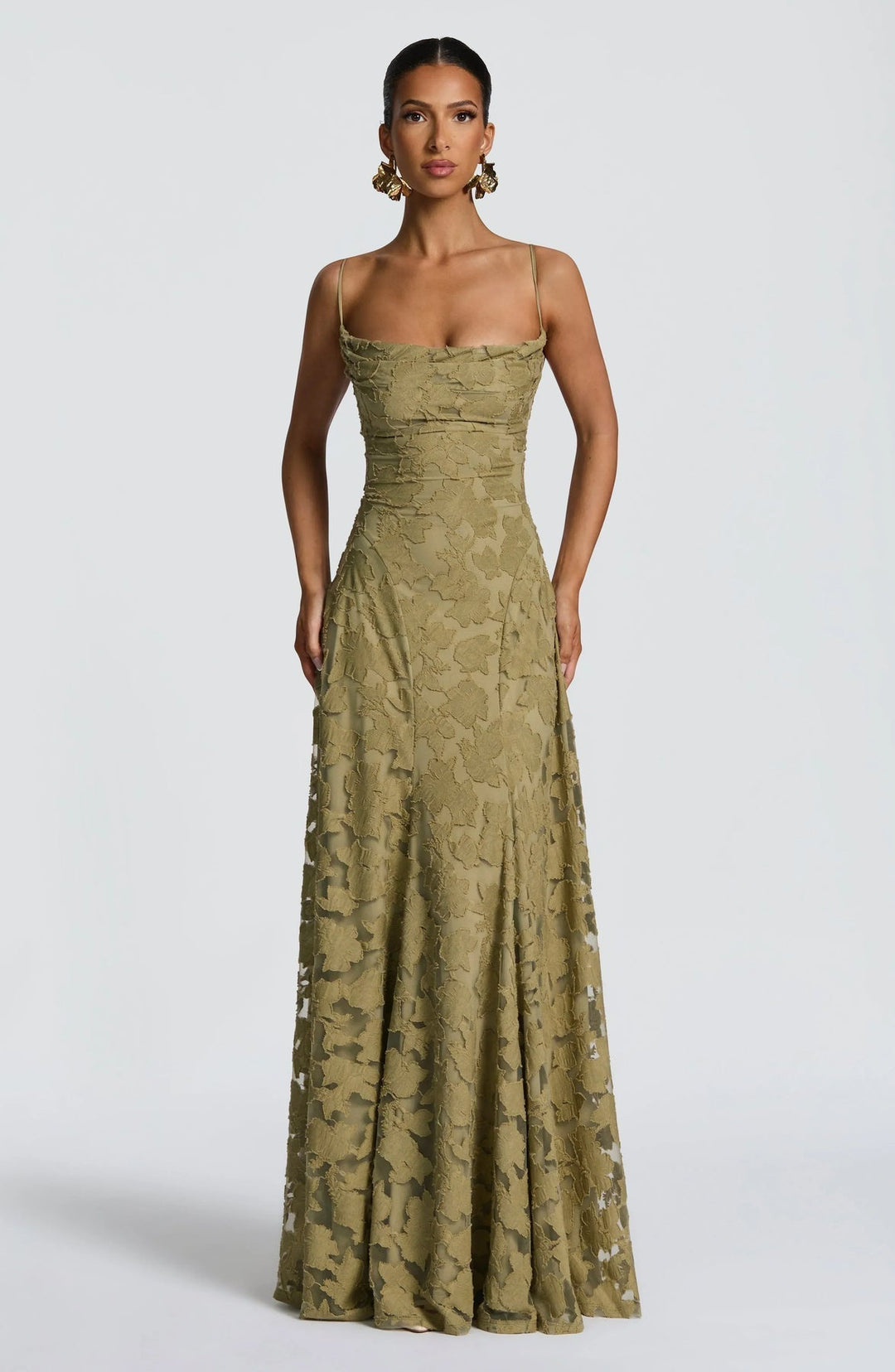 Women's stylish ruched A-line maxi dress with spaghetti straps, perfect as a wedding guest dress.
