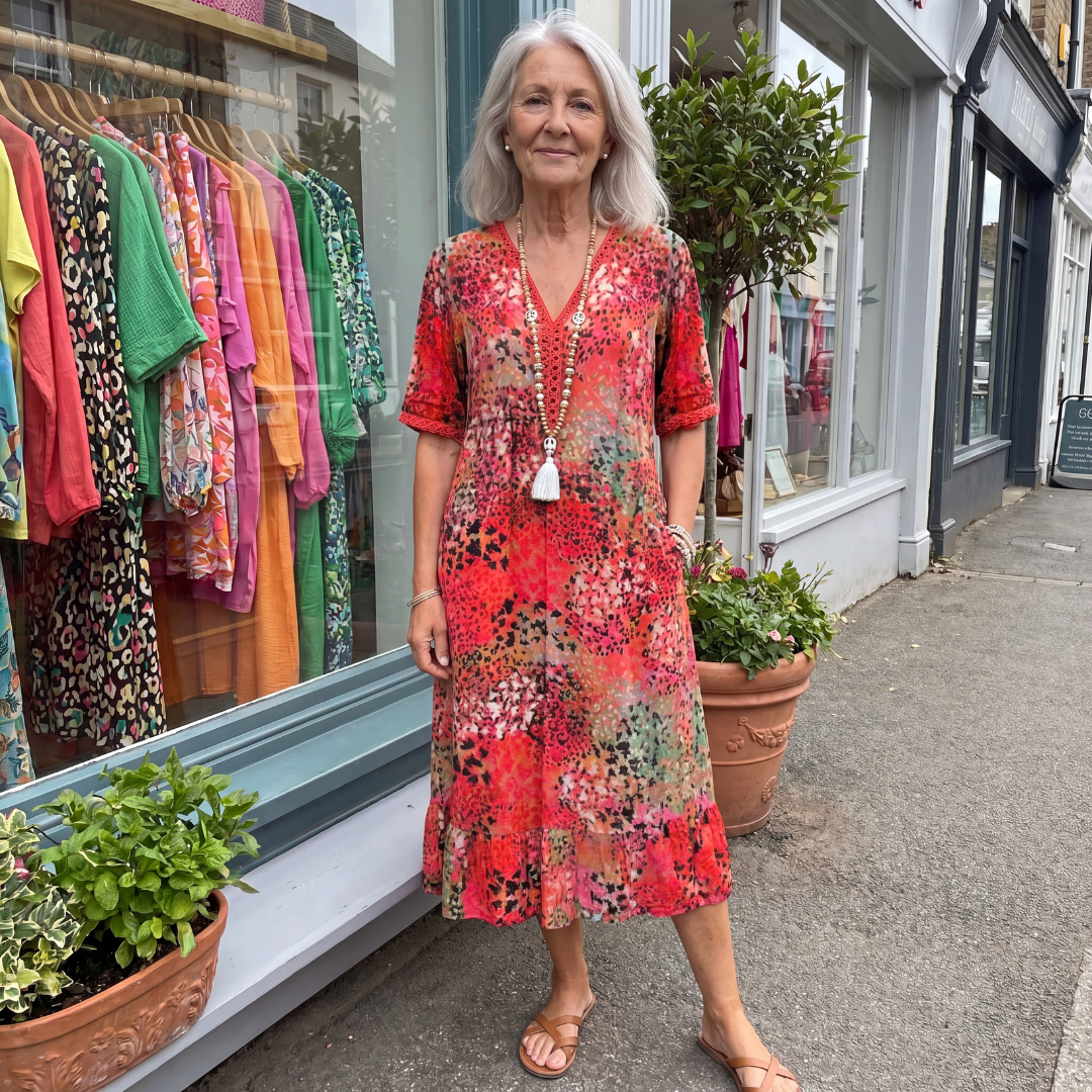 Elegant women's A-line midi dress. Flattering fit, perfect for versatile occasionwear & summer events.
