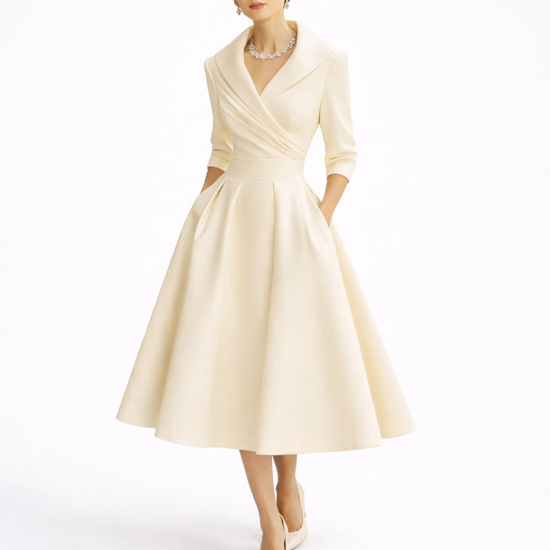 Structured A-line midi dress for women. Elegant formal occasion or party dress with three-quarter sleeves.