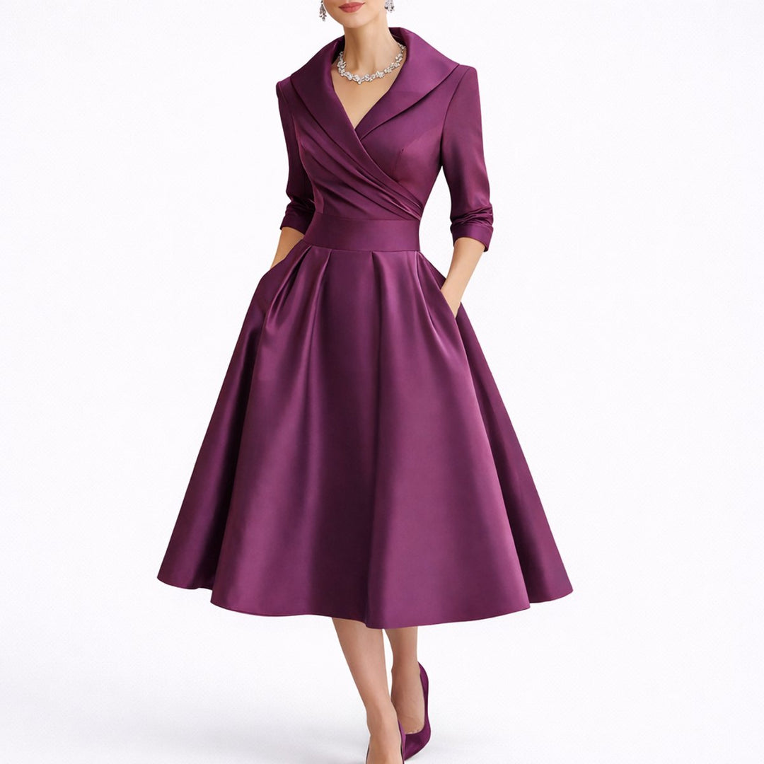 Elegant structured A-line midi dress. Women's V-neck fall fashion, three-quarter sleeves, perfect for wedding guests.