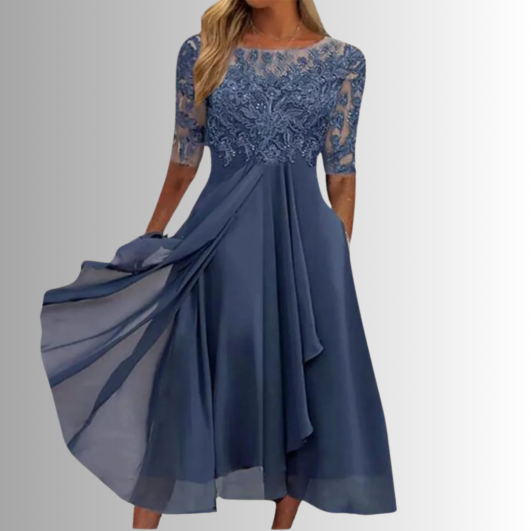 Elegant women's A-line midi dress with intricate embroidery, perfect for summer parties & special occasions.