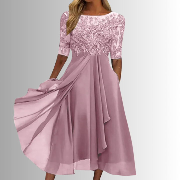 Flattering A-line midi dress for women, chic and versatile with delicate embroidery, ideal for occasion wear.