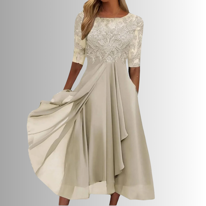 Chic women's embroidered A-line midi dress, an elegant choice for parties, summer events & modest fashion.