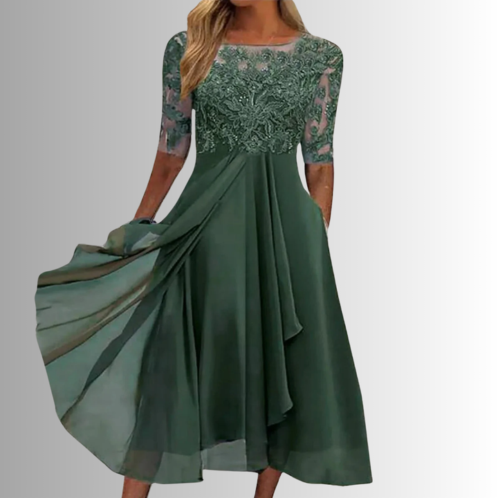 Versatile women's midi dress, an elegant A-line silhouette with beautiful embroidery, great for various occasions.