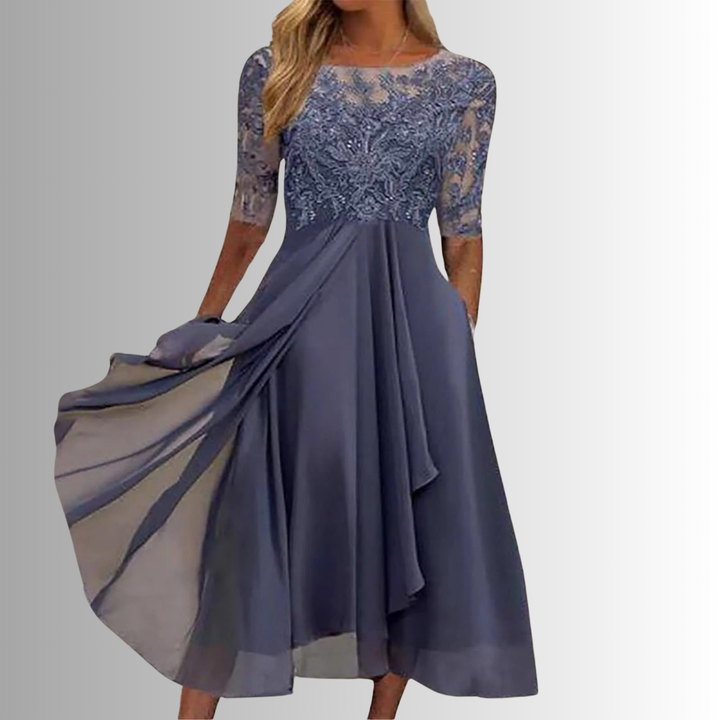 Modest & elegant women's A-line midi dress, featuring charming embroidery for a chic and flattering party look.