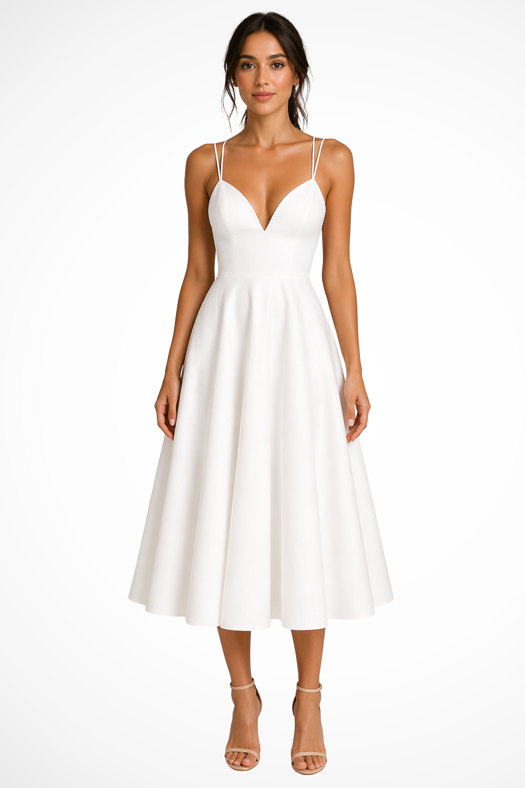 Elegant women's A-line midi dress with sweetheart neckline & strappy design, perfect for parties & formal occasions.