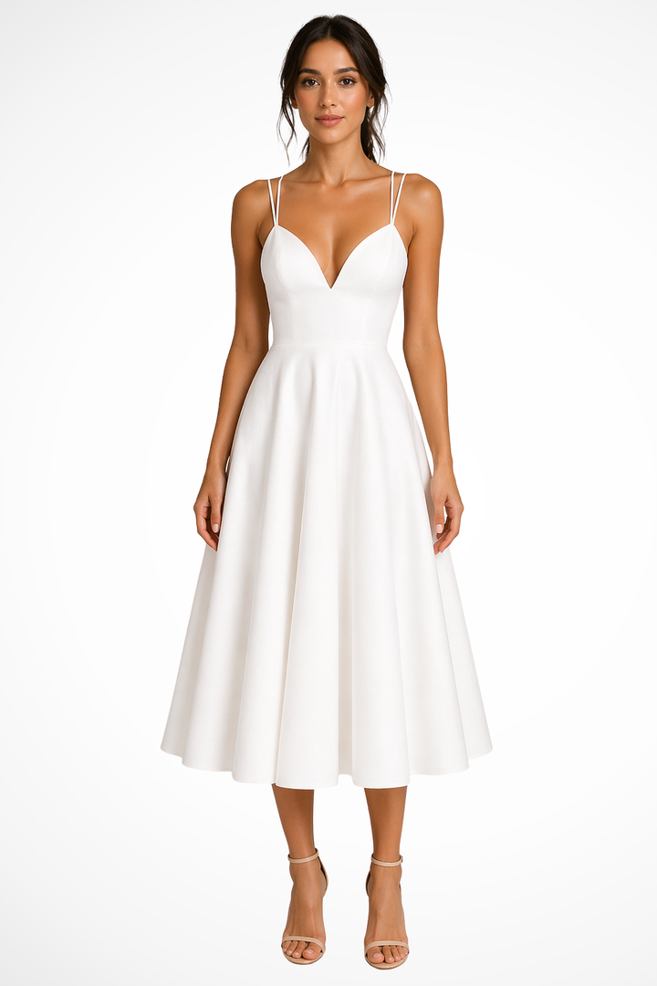 Elegant women's A-line midi dress with sweetheart neckline & strappy design, perfect for parties & formal occasions.