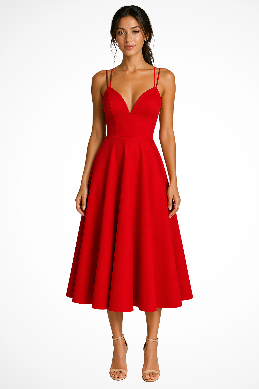 Sophisticated A-line midi dress for women featuring a flattering sweetheart neckline and delicate strappy shoulders.
