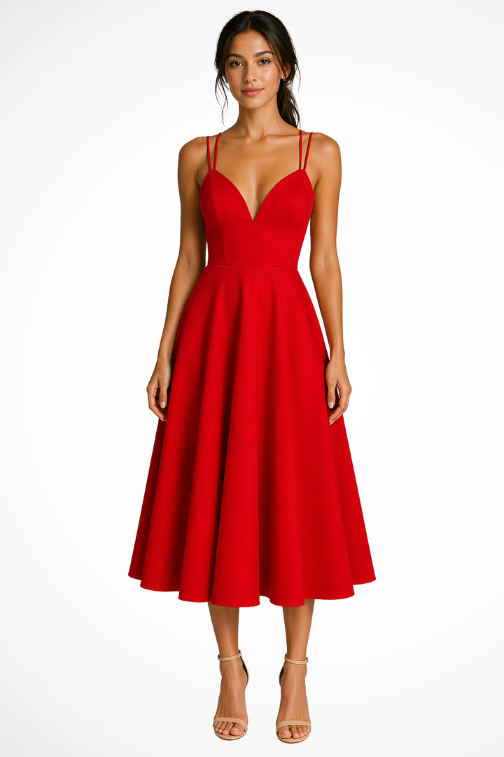 Sophisticated A-line midi dress for women featuring a flattering sweetheart neckline and delicate strappy shoulders.