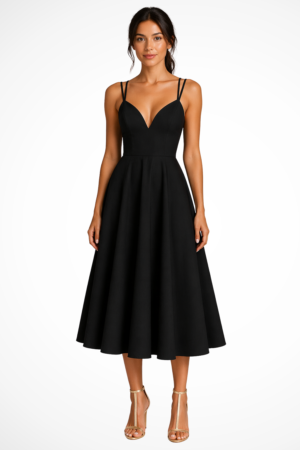 Stylish women's strappy A-line midi dress with sweetheart neck, a perfect elegant cocktail or party outfit.
