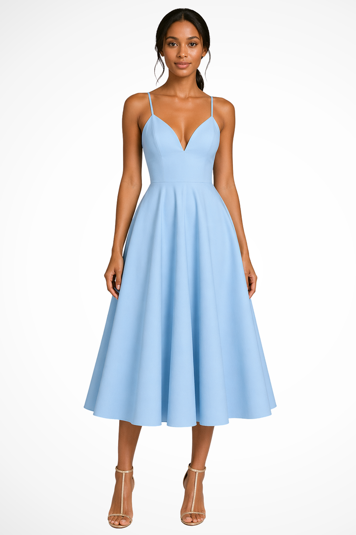 Flattering A-line midi dress with sweetheart neckline & strappy details, an elegant choice for any special occasion.