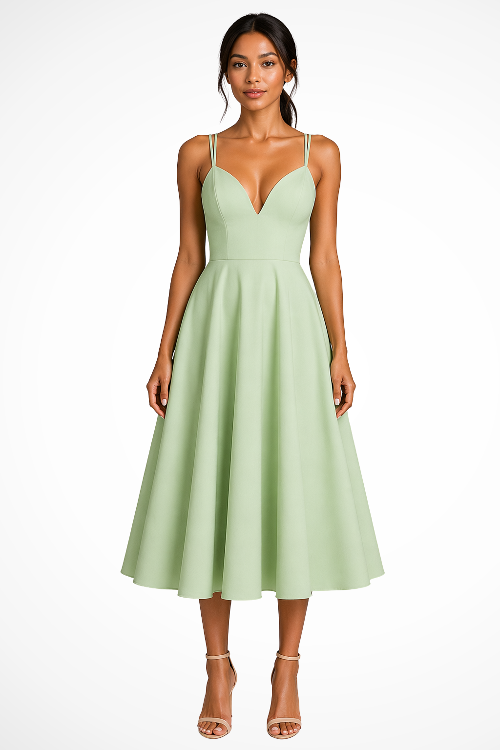Beautiful women's strappy midi dress, A-line silhouette with sweetheart neckline, suitable for formal events.