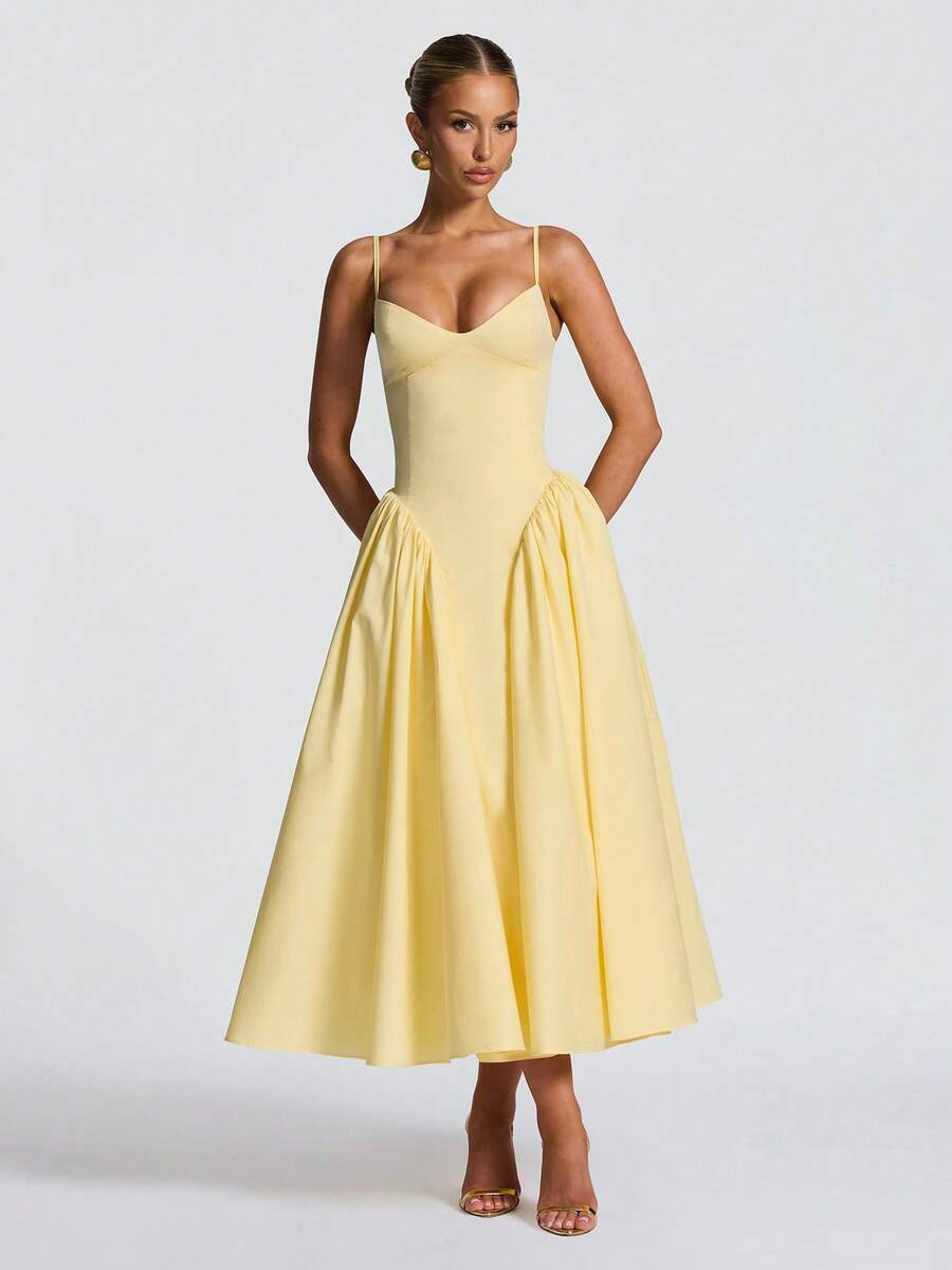 Elegant women's A-line wedding guest midi dress, perfect for summer parties & special occasions.