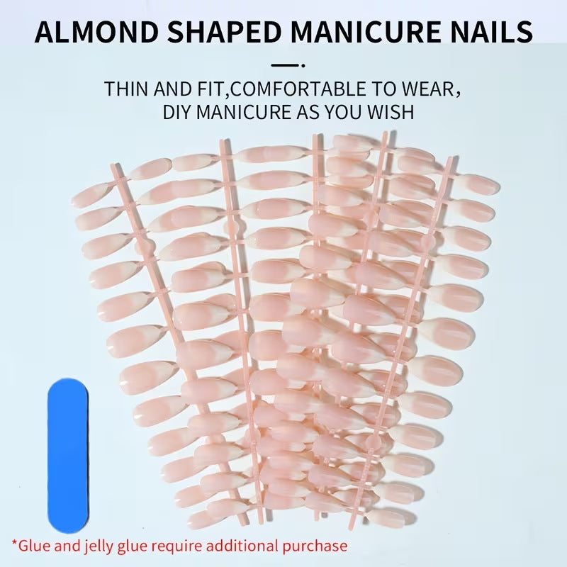 Chic almond-shaped fake nails, offering an elegant, long-lasting look for a perfect women's DIY manicure.