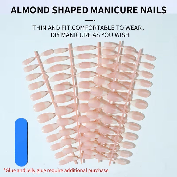 Chic almond-shaped fake nails, offering an elegant, long-lasting look for a perfect women's DIY manicure.