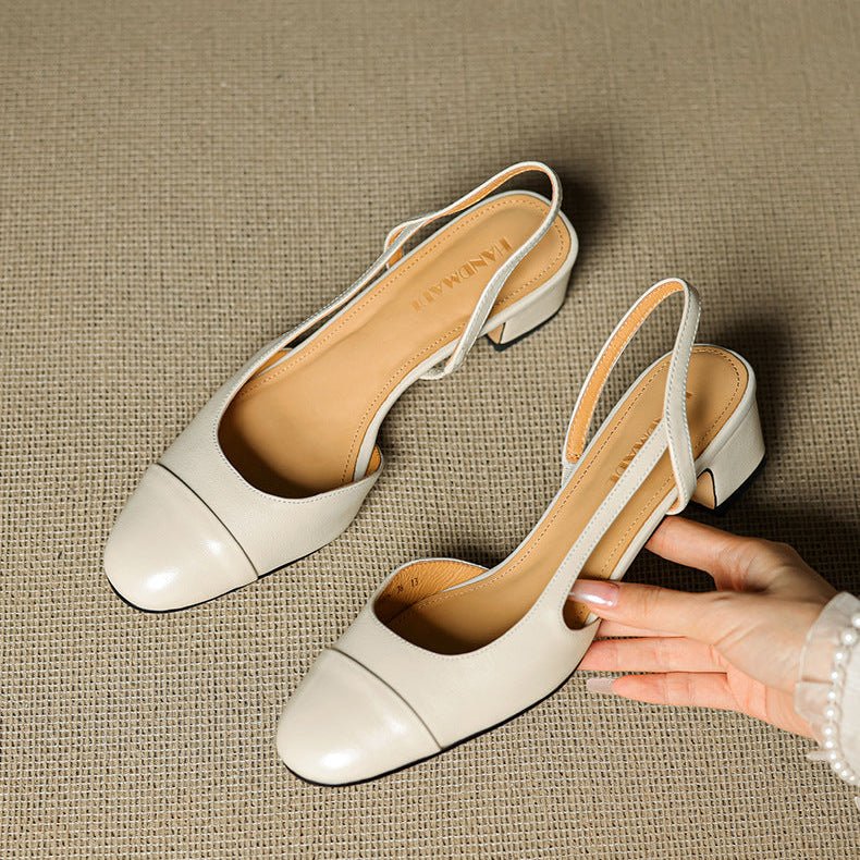 Side view: Women's comfortable slingback block heels with a sleek almond toe.