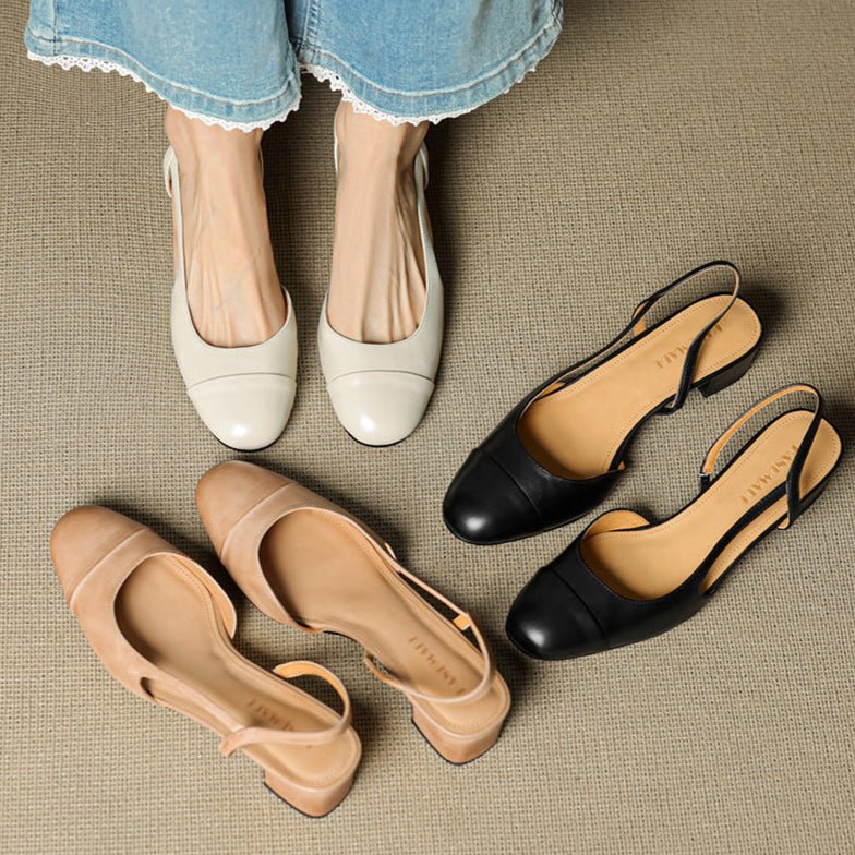 Close-up: Slingback strap & buckle on women's comfortable block heel pumps.