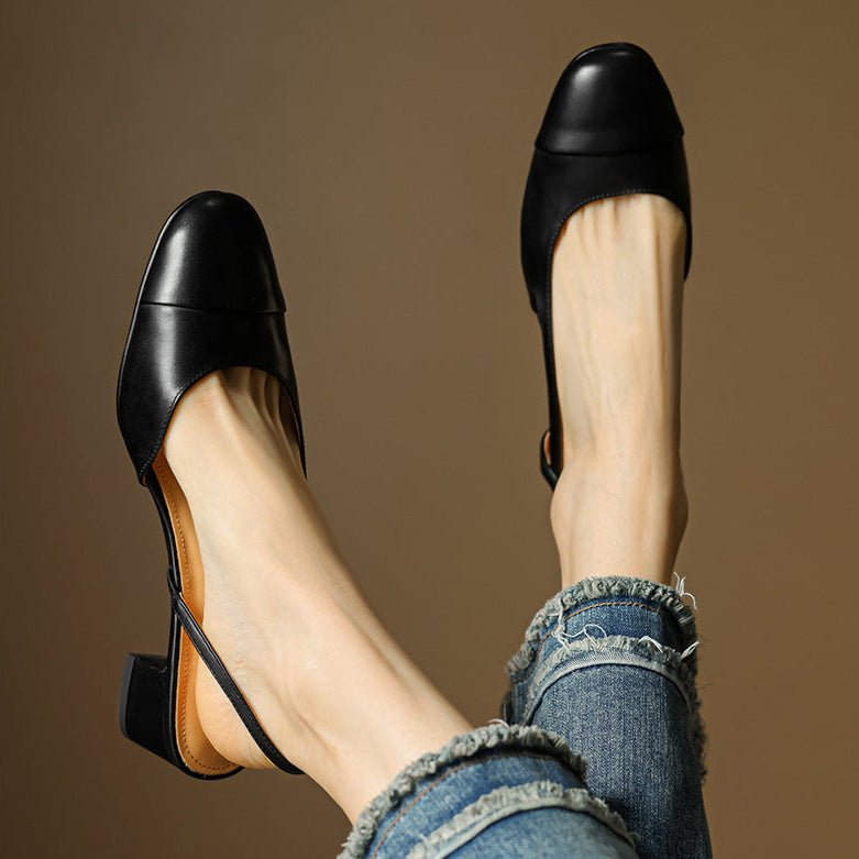 Women's elegant block heels in black, almond-toe and slingback for formal wear.