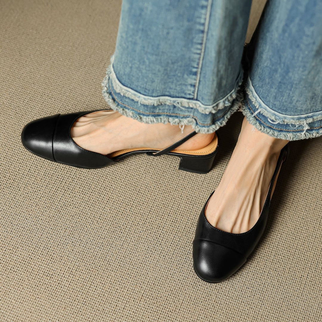 Classic women's workwear heels: almond-toe, slingback, stable block heel.