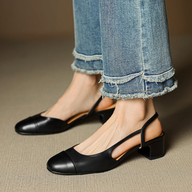 Women's formal block heels, almond-toe and slingback, perfect for evening events.
