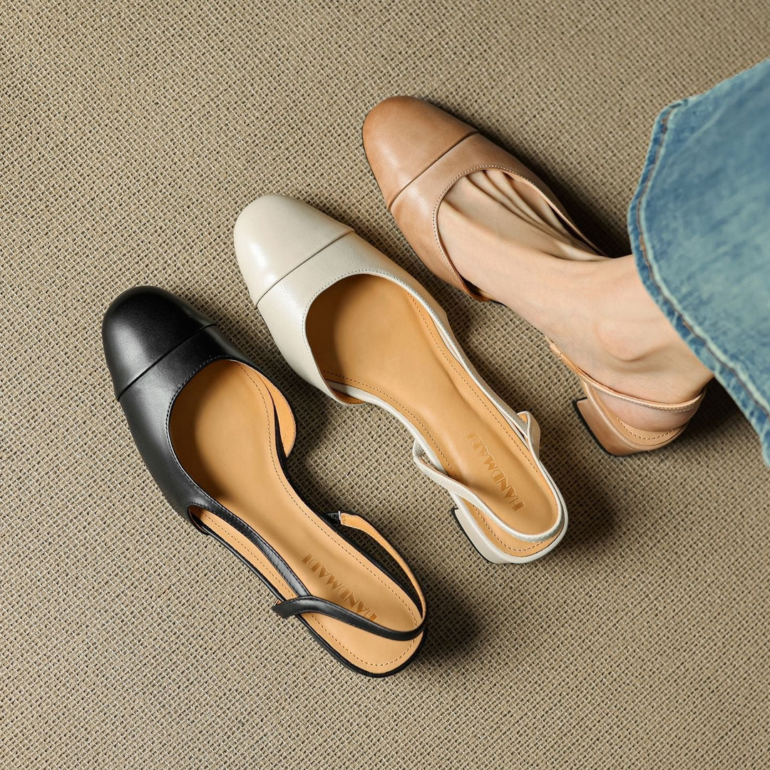 Versatile women's block heels with an elegant almond-toe and secure slingback strap.