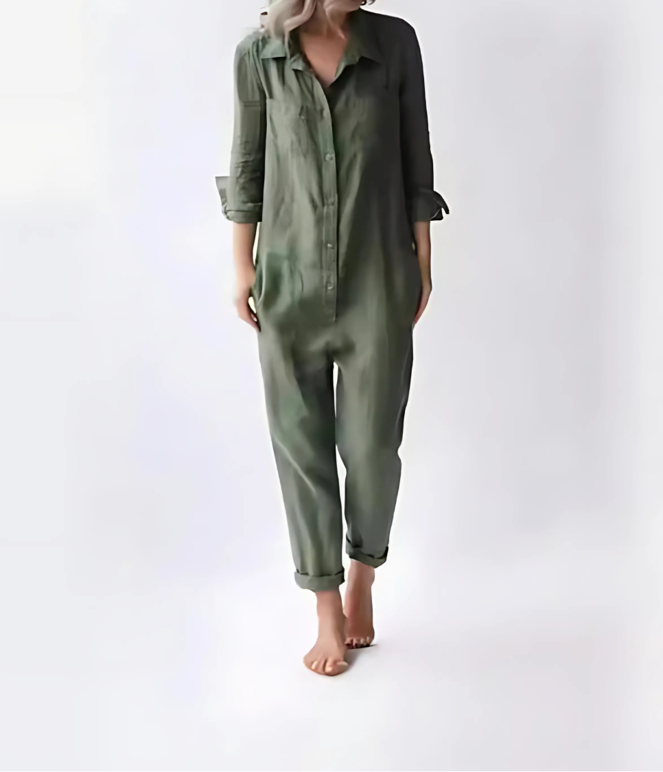 Elegant women's ankle-length jumpsuit with button closure, perfect for summer casual wear.
