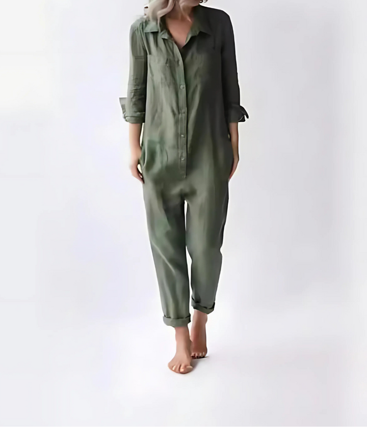 Elegant women's ankle-length jumpsuit with button closure, perfect for summer casual wear.