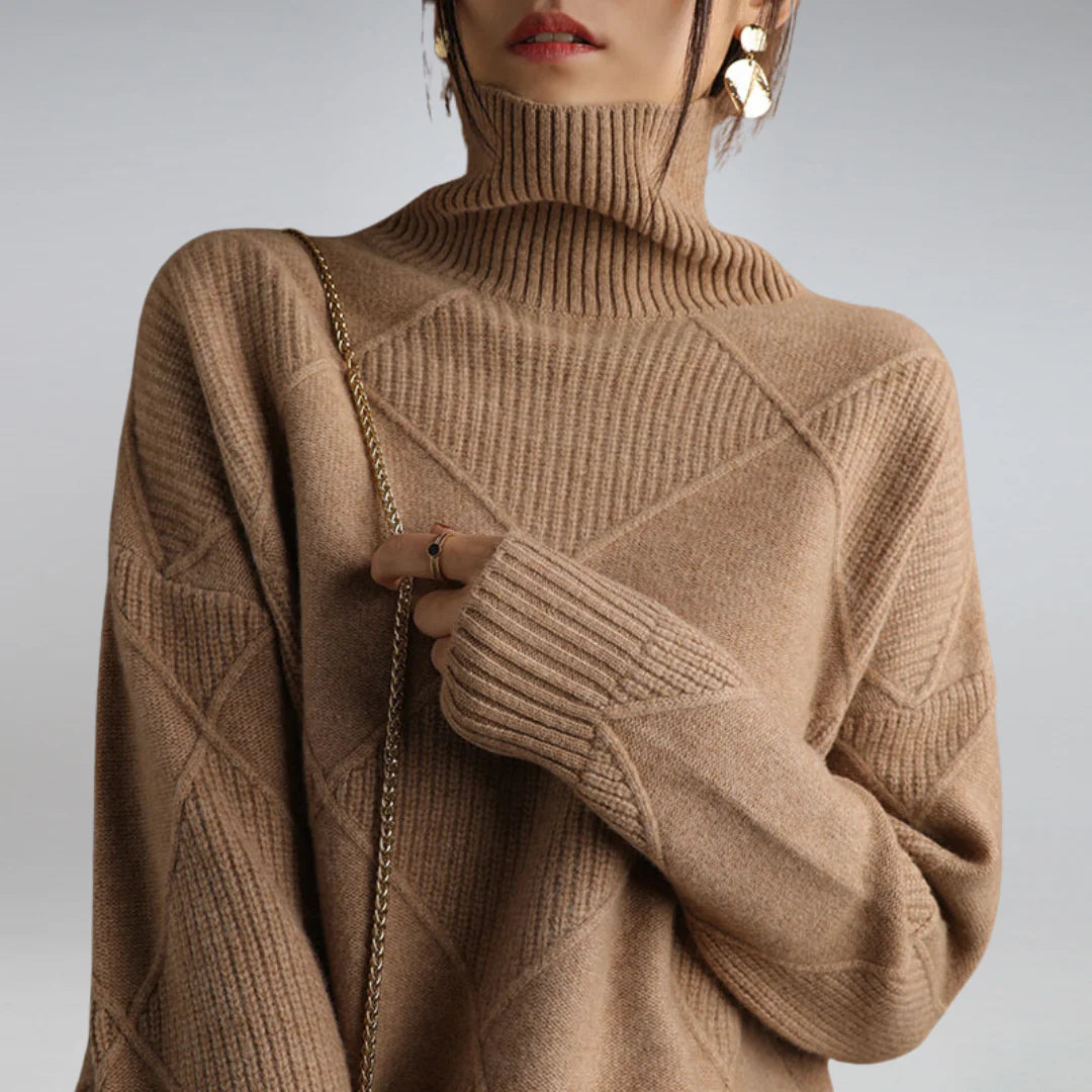 Elegant women's argyle turtleneck sweater. Chic long sleeve knitwear, perfect for autumn & winter fashion.