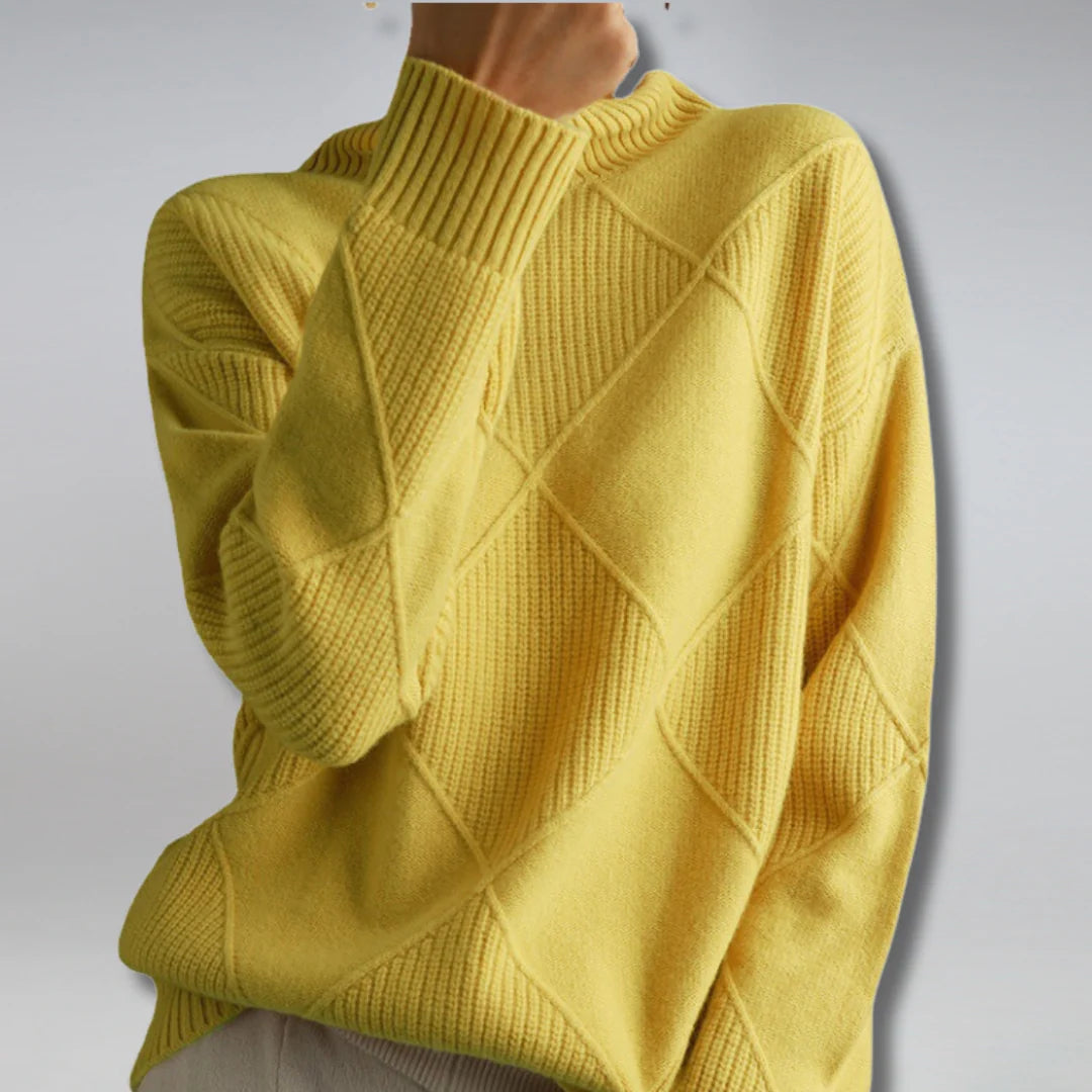 Cozy women's argyle turtleneck sweater. Warm long sleeve knit top for stylish autumn & winter wear.