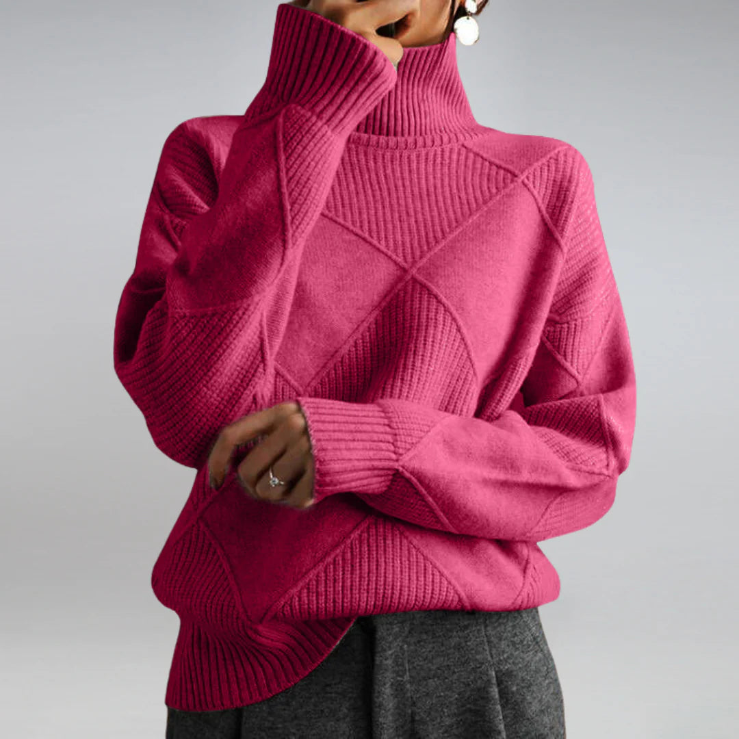 Chic women's argyle turtleneck sweater. Elegant long sleeve knit top, perfect for warm winter style.