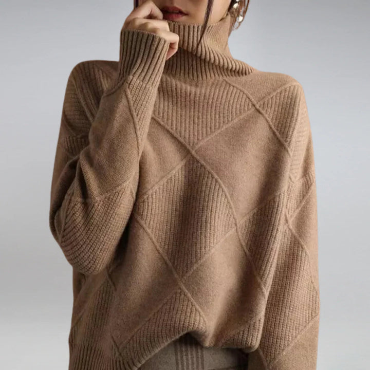 Women's elegant argyle turtleneck sweater. Comfortable long sleeve knit for classic autumn & winter fashion.