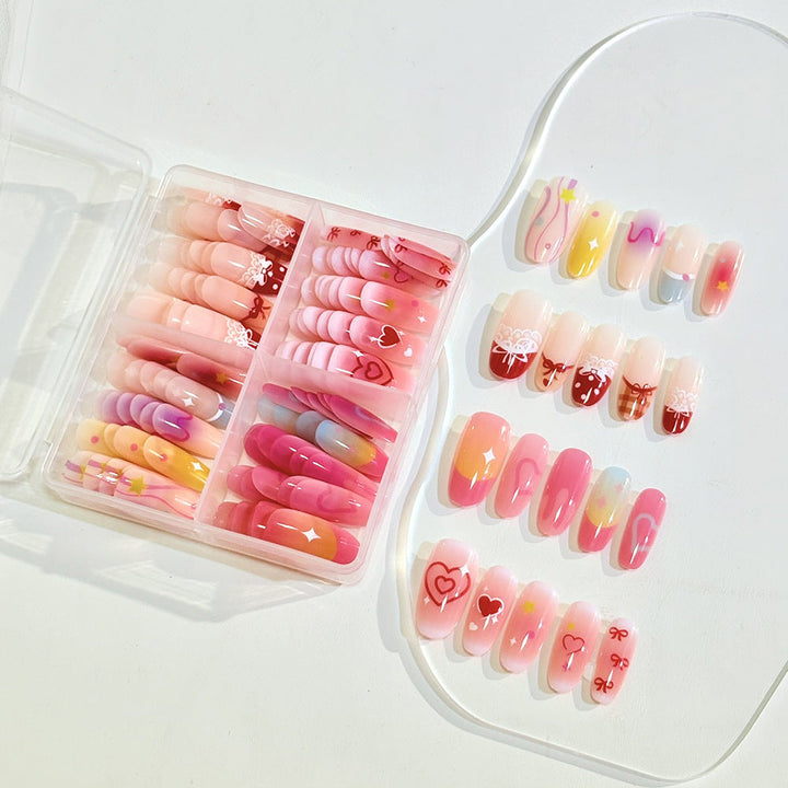Elegant women's artistic press-on nails, diverse styles for a quick, stylish manicure. Reusable false nails.