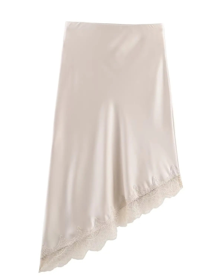 Versatile women's asymmetric skirt with delicate trim, ideal for formal events or a chic party outfit.