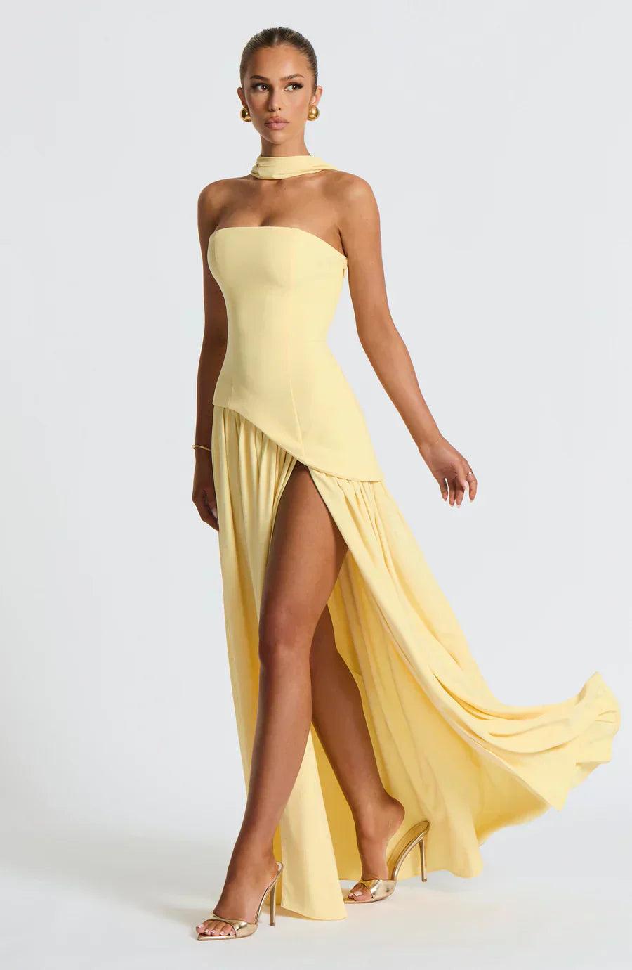 Elegant women's asymmetric maxi dress, perfect wedding guest attire. Sophisticated long formal gown.