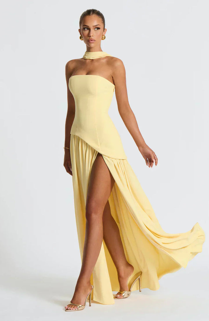 Elegant women's asymmetric maxi dress, perfect wedding guest attire. Sophisticated long formal gown.