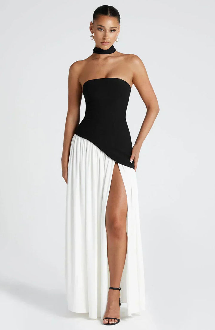 Sophisticated asymmetric maxi dress, a perfect choice for wedding guests & formal evening wear.