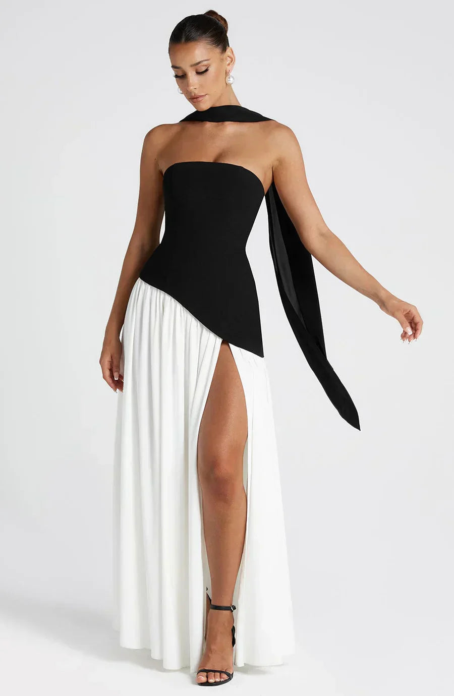 Asymmetric hem maxi dress. Elegant long formal gown for wedding guests & cocktail parties.