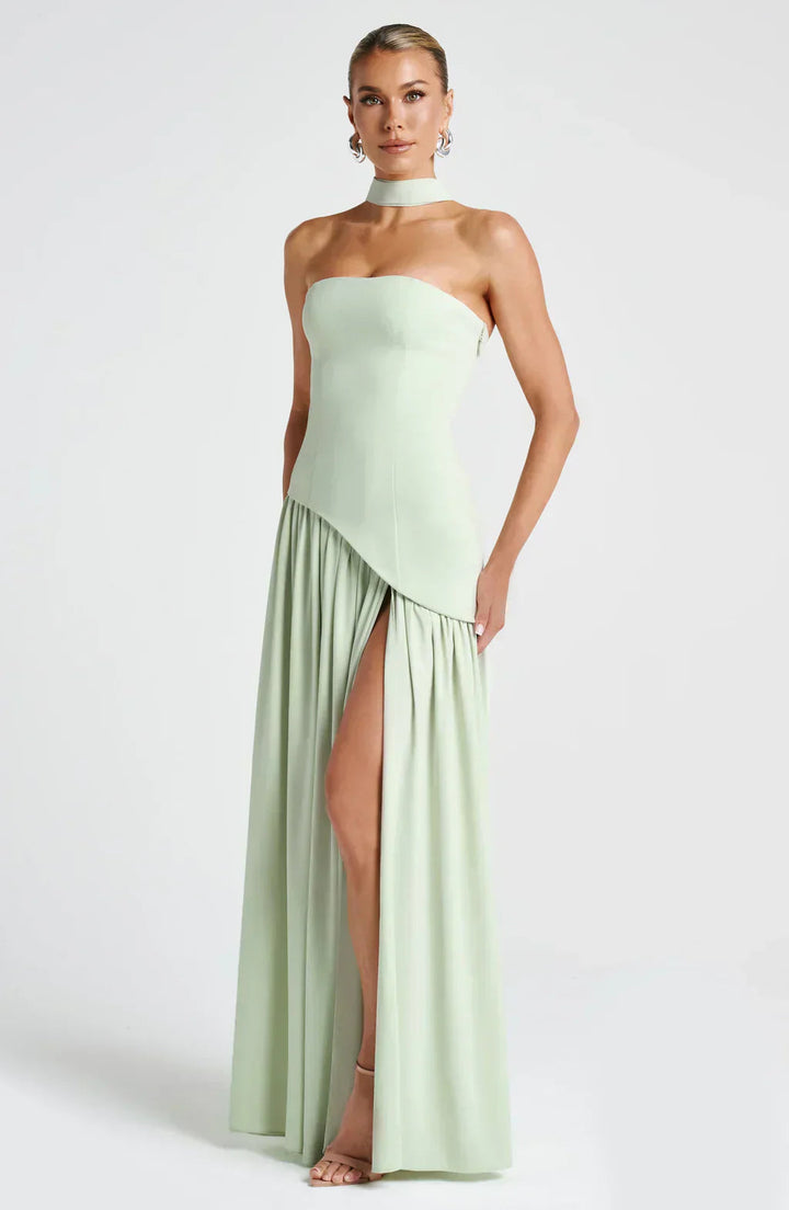 Elegant formal asymmetric maxi dress. Sophisticated long dress, perfect for wedding guests.